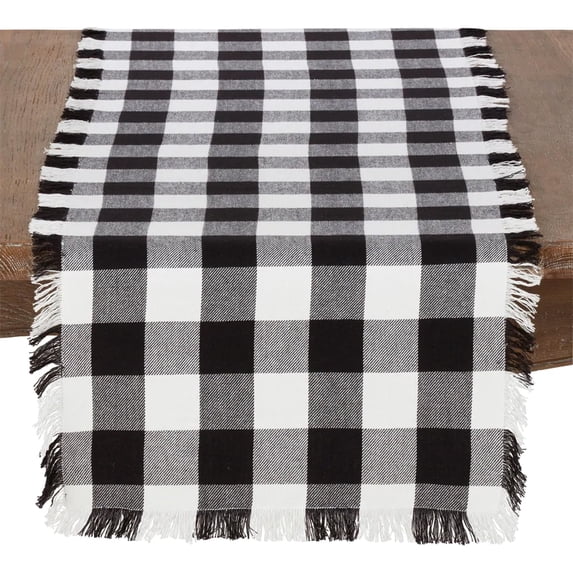 Fennco Styles Classic Buffalo Plaid Design Fringed 100% Cotton Table Runner 16 x 72 Inch - Black Table Cover for Christmas, Holiday Décor, Everyday Use, Family Gathering and Special Occasion