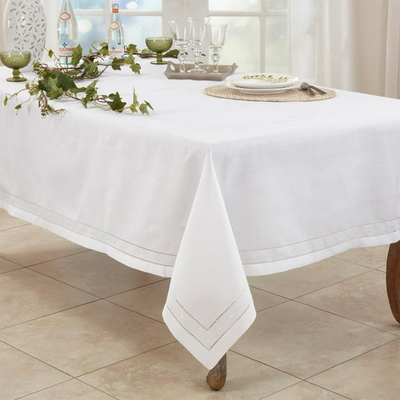 Fennco Styles Classic Embroidered & Hemstitch Tablecloth 65" W x 86" L - White Elegant Woven Table Cover for Home Décor, Dining Table, Banquet, Family Gatherings, and Special Occasions