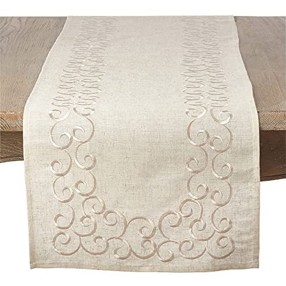 Fennco Styles Classic Embroidery Scroll Border Linen Blend 16 x 90 Inch Table Runner – Natural Table Cover for Wedding, Banquet, Special Events and Home Décor