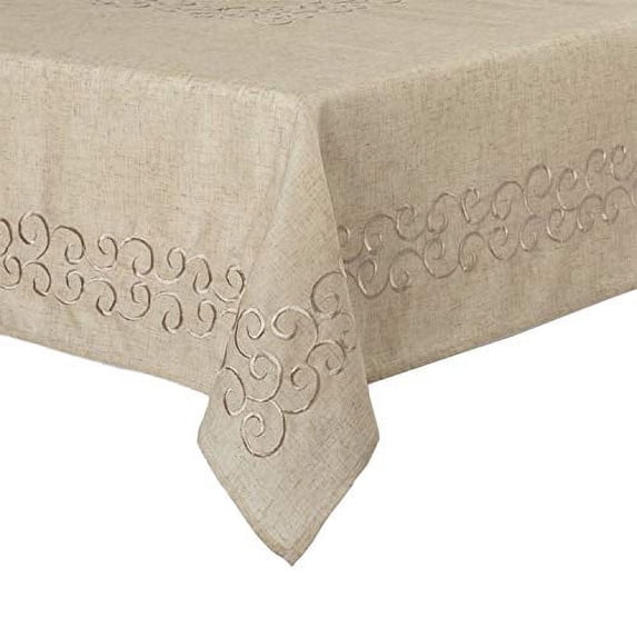 Fennco Styles Classic Embroidery Scroll Border Linen Blend 67 x 67 Inch Tablecloth - Natural Tablecloth for Wedding, Banquet, Special Events and Home Décor