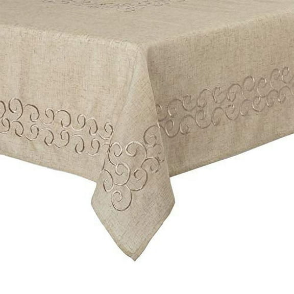 Fennco Styles Classic Embroidery Scroll Border Linen Blend 67 x 67 Inch Tablecloth - Natural Tablecloth for Wedding, Banquet, Special Events and Home Décor
