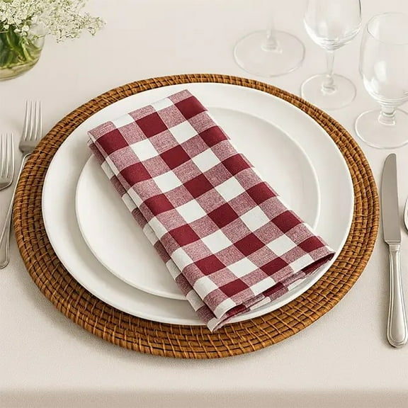 Fennco Styles Classic Gingham Checkered Pattern Cloth Napkins 20 x 20 Inch, Set of 4 - Wine