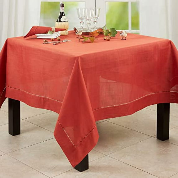 Fennco Styles Classic Hemstitched Border Solid Color Tablecloth 70"W x 104"L - Terracotta Rectangle Table Cover for Dining Table, Banquets, Holiday, Thanksgiving, Harvest Fall Décor and Everyday Use