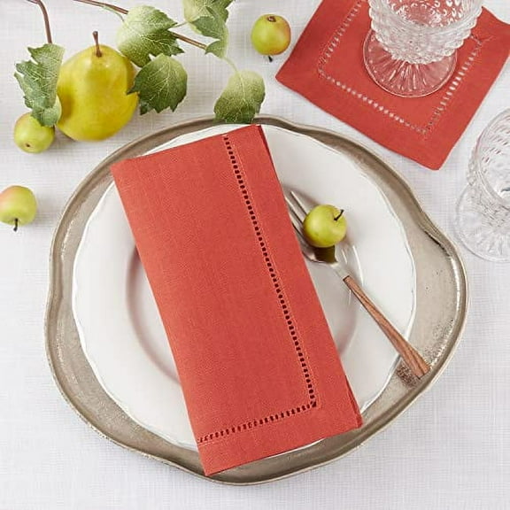 Fennco Styles Classic Hemstitched Cocktail Napkins 6" W x 6" L, Set of 4 - Terracotta Coasters for Dining Table, Banquets, Harvest Fall, Holiday, Special Events and Home Décor