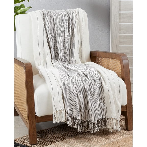 Fennco Styles Classic Kantha Stitch Cotton Throw Blanket with Tassel 50" W x 60" L  Grey Textured Blanket for Bed, Couch, Sofa, Home Dcor, Ideas