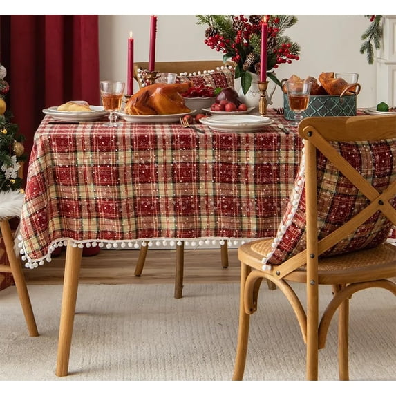 Fennco Styles Classic Plaid Snowflake Holiday Tablecloth 56" W X 56" L - Red Tartan Square Table Cover for Dining Room, Christmas Décor, and Winter Festivals