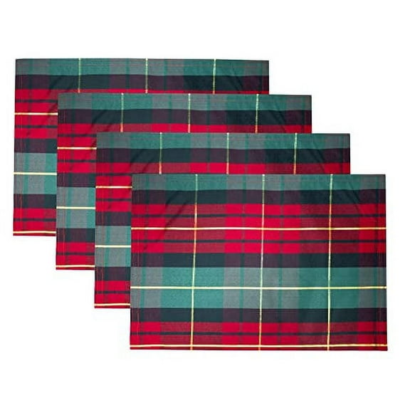 Fennco Styles Classic Red & Green Holiday Tartan Plaid Placemats 14"W X 20"L, Set of 4 - Multicolored Table Mats with Gold Lurex for Christmas Décor, Winter Holidays, Banquets, and Family Gatherings