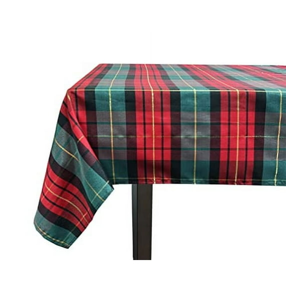 Fennco Styles Classic Red & Green Holiday Tartan Plaid Tablecloth 67"W X 104"L - Multicolored Table Cover with Gold Lurex for Christmas Décor, Winter Holidays, Family Gatherings, and Special Occasion