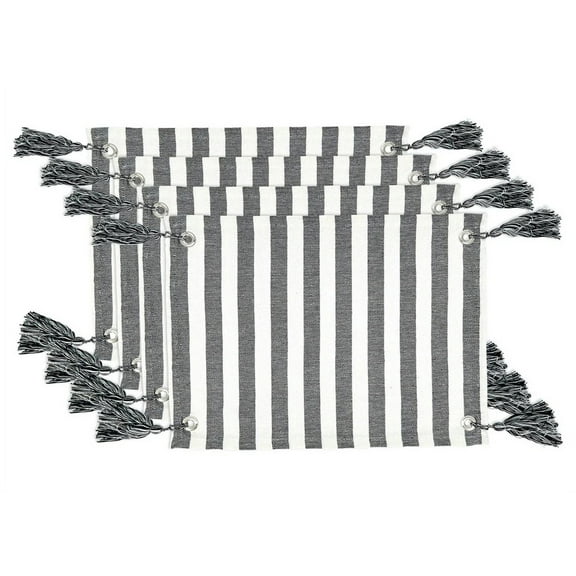 Fennco Styles Classic Striped Tassel Cotton Placemats 14" W x 20" L, Set of 4 - Black & White Table Mats for Home Décor, Dining Table, Holiday, Banquets and Special Occasion