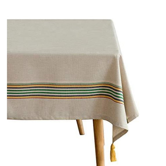 Fennco Styles Classic Striped Tassel Woven Tablecloth 55" W x 55" L - Ivory Table Cover for Banquets, Holiday, Special Events, Home, Dining Room Décor and Everyday Use