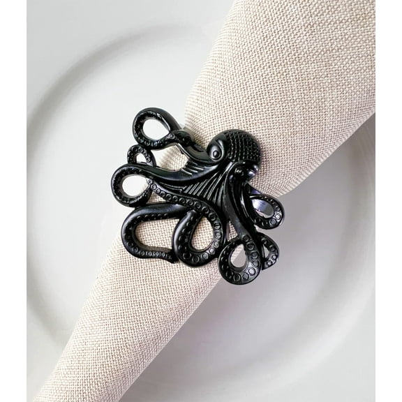 Fennco Styles Coastal Octopus Metal Napkin Rings, Set of 4 - Black Nautical Napkin Holders for Home Décor, Dining Table, Banquets, Family Gathering and Special Occasions