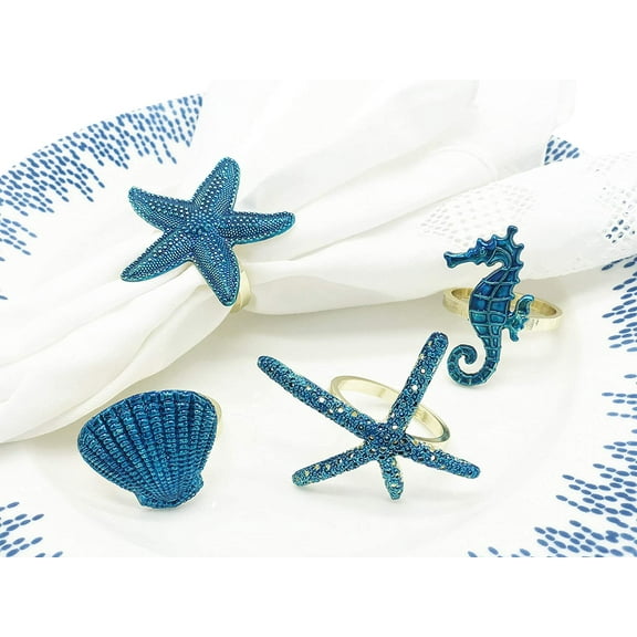 Fennco Styles Coastal Sea Creatures Metal Napkin Rings, Set of 4 - Blue & Gold Nautical Napkin Holders for Home Décor, Dining Table, Banquets, Family Gathering and Special Occasions