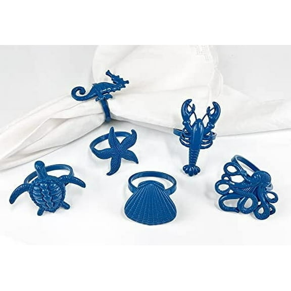 Fennco Styles Coastal Sea Creatures Metal Napkin Rings, Set of 6 - Blue Nautical Sea Life Napkin Holders for Home Décor, Dining Table, Banquets, Family Gathering and Special Occasions