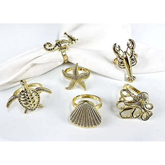Fennco Styles Coastal Sea Creatures Metal Napkin Rings, Set of 6 - Gold Nautical Sea Life Napkin Holders for Home Décor, Dining Table, Banquets, Family Gathering and Special Occasions