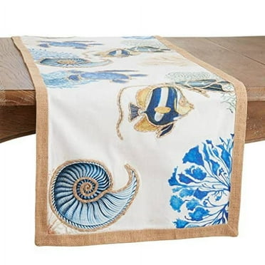 Fennco Styles Coastal Sea Life Cotton Table Runner 16" W x 72" L - Navy Blue Sea Shell & Coral Nautical Table Cover for Everyday Use, Family Gathering, Banquets, and Special Occasions