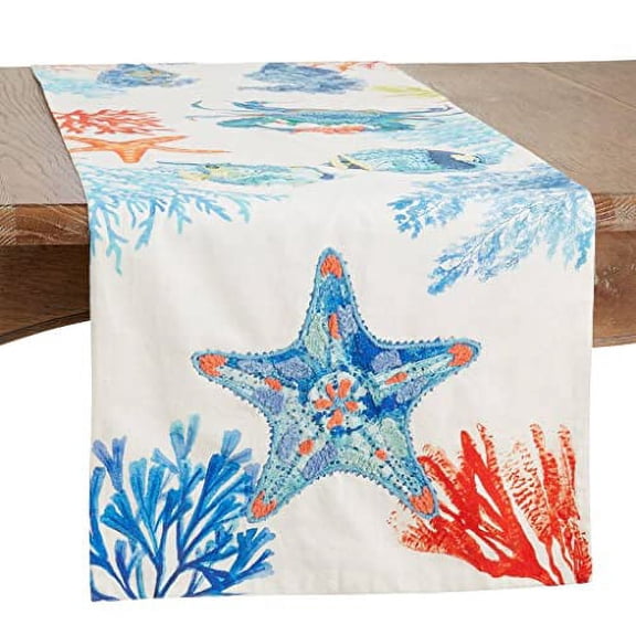 Fennco Styles Coastal Sea Life Embroidered Cotton Table Runner 16" W x 72" L - Multicolored Nautical Table Cover for Everyday Use, Family Gathering, Banquets, and Special Occasions