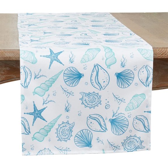 Fennco Styles Coastal Seashells Table Runner 16" W x 120" L - Blue Sealife Nautical Table Cover for Dining Room Decor, Everyday Use, Summer Gathering, Banquets, and Special Occasions