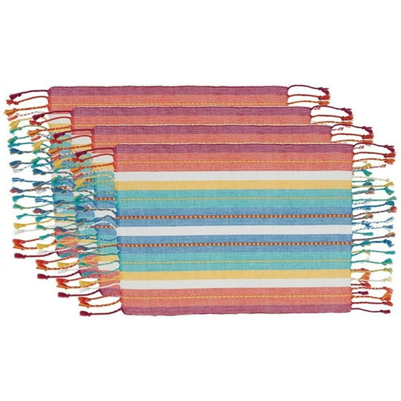 Fennco Styles Colorful Dobby Stripe Fringe Cotton Placemats 13" W x 19" L, Set of 4 - Multicolored Table Mats for Home Décor, Dining Table, Holiday, Banquets and Special Occasions