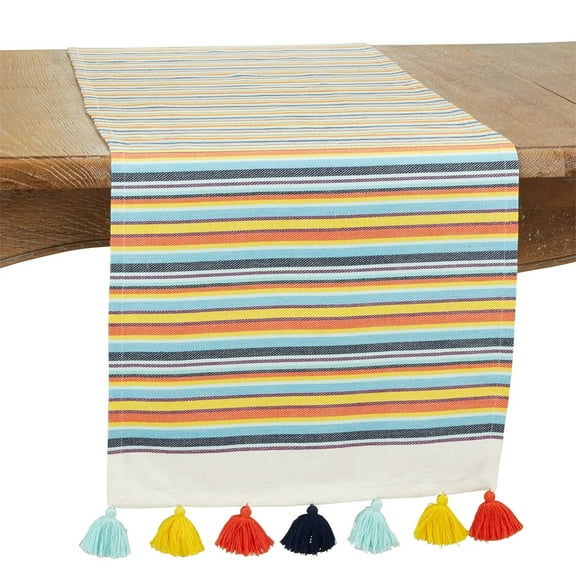 Fennco Styles Colorful Fiesta Stripe Tasseled Cotton Table Runner 16" W x 72" L - Rainbow Table Cover for Home Décor, Dining Table, Holiday, Banquets and Special Occasions
