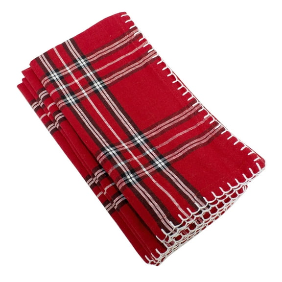 Fennco Styles Contemporary Plaid Whip Stitched Flange 100% Pure Cotton 20 x 20 Inch Cloth Napkins, Set of 4 – Red Diner Napkins for Christmas Banquets, Family Gathering, Special Events and Home Décor