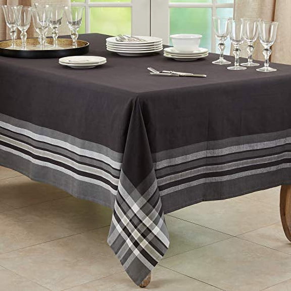 Fennco Styles Contemporary Stripe Border Design Cotton Tablecloth 70" W x 104" L - Black Table Cover for Dining Table Décor, Banquets, Holiday, Family Gathering, Special Occasions