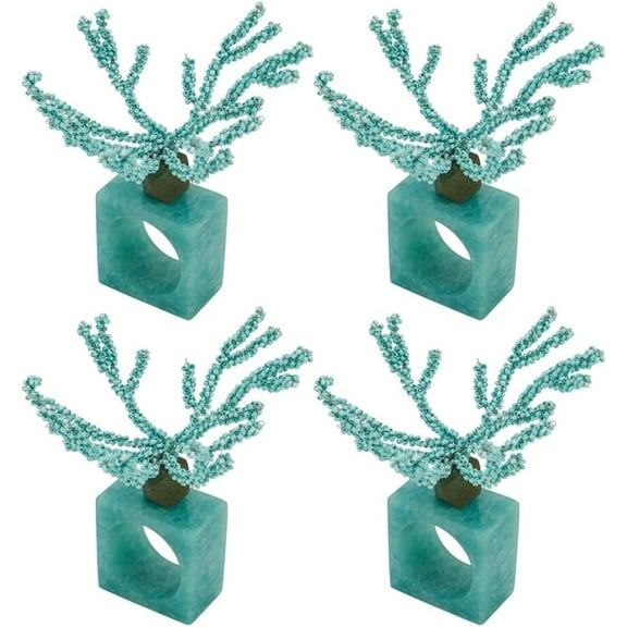 Fennco Styles Coral Beaded Resin Napkin Rings, Set of 4 - Aqua Charming Coastal Napkin Holders for Home, Dining Table, Banquets Décor, Weddings and Special Occasions