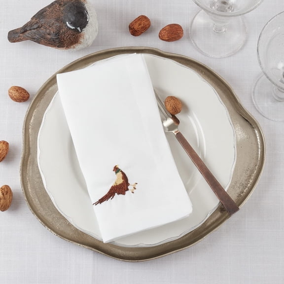 Fennco Styles Country Embroidered Pheasant Cloth Napkins 20" W x 20" L, Set of 4 - White Elegant Dinner Napkins for Dining Table, Family Gatherings, Banquets & Home Dcor