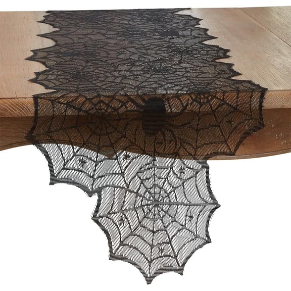 Fennco Styles Creepy-Crawly Spiderweb Table Runner 18" W x 72" L - Black Lace Table Cover for Home Halloween Dcor, Family Gatherings, Themed Party and Special Events