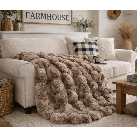 Fennco Styles Cuddle Bubble Faux Fur Throw Blanket 50" x 60" – Chocolate Ultra Soft Plush Textured Blanket for Couch, Bedroom, Living Room Décor