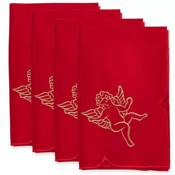 Fennco Styles Cupidon Collection Embroidered Cupid Design Cloth Napkins 20 x 20 Inch, Set of 4 - Red Dinner Napkin for Wedding, Banquets, Family Gathering, Special Occasion and Home Décor