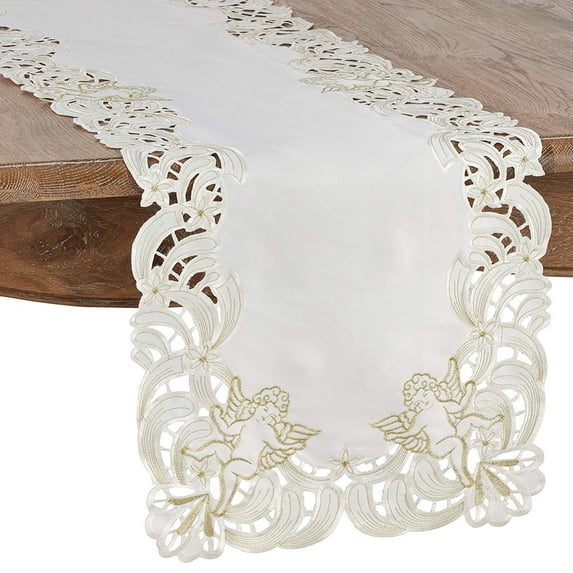 Fennco Styles Cupidon Collection Embroidered Cupid Design Table Runner 16 x 72 Inch - Ivory Table Cover for Home Décor, Wedding, Banquets, Family Gathering and Special Occasion