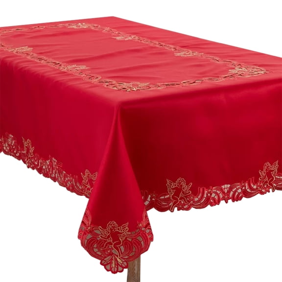 Fennco Styles Cupidon Collection Embroidered Cupid Design Tablecloth 69 x 69 Inch - Red Table Cover for Home DÃ©cor, Wedding, Banquets, Family Gathering and Special Occasion
