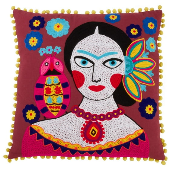 Fennco Styles DÃa de los Muertos Collection Picasso Frida with Parrot Embroidered 18 x 18 Inch Throw Pillow Cover – Multicolor Pillow Case for Couch, Bedroom and Living Room Décor