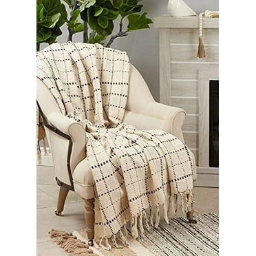 Fennco Styles Dashed Line Tassel Cotton Throw Blanket 50" W x 60" L – Natural Blanket for Couch, Bedroom and Living Room Décor