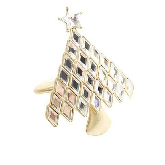 Fennco Styles Diamond Shaped Rhinestone Christmas Tree Metal Napkin Rings, Set of 4 - Silver Napkin Holders for Holiday, Dining Table Decor, Banquet, Family Gathering, and Special Event