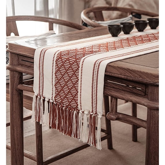 Fennco Styles Diamond Stitched Design Tassel Cotton Blend Table Runner 14" W x 102" L - Red Geometric Woven Table Cover for Boho Décor, Home, Dining Table, Banquets, Family Gatherings