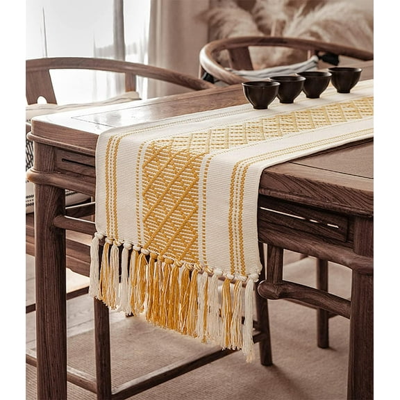 Fennco Styles Diamond Stitched Design Tassel Cotton Blend Table Runner 14" W x 86" L - Yellow Geometric Woven Table Cover for Boho Décor, Home, Dining Table, Banquets, Family Gatherings