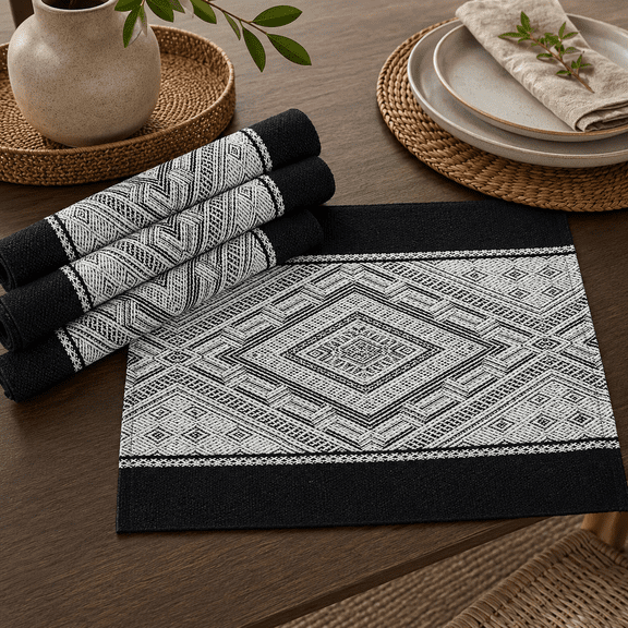 Fennco Styles Diamond Weave Cotton Blend 14" W x 19" L, Set of 4 - Black Geometric Rectangular Table Mats for Boho Dcor, Dining Table, Banquets, Family Gatherings