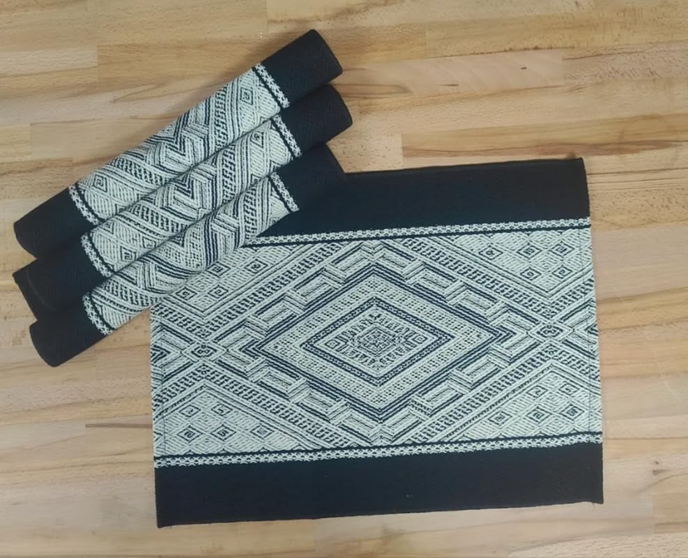 Fennco Styles Diamond Weave Cotton Blend 14" W x 19" L, Set of 4 - Black Geometric Rectangular Table Mats for Boho Décor, Dining Table, Banquets, Family Gatherings