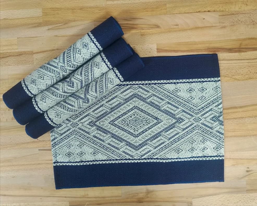 Fennco Styles Diamond Weave Cotton Blend 14" W x 19" L, Set of 4 - Navy Blue Geometric Rectangular Table Mats for Boho Décor, Dining Table, Banquets, Family Gatherings