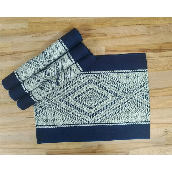 Fennco Styles Diamond Weave Cotton Blend 14" W x 19" L, Set of 4 - Navy Blue Geometric Rectangular Table Mats for Boho Dcor, Dining Table, Banquets, Family Gatherings
