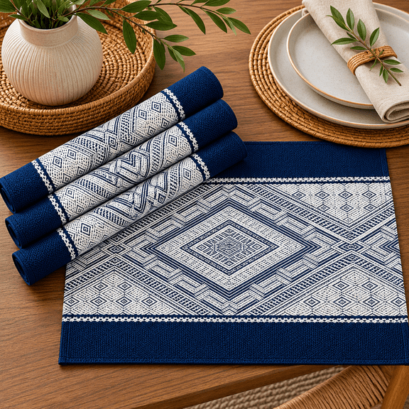 Fennco Styles Diamond Weave Cotton Blend 14" W x 19" L, Set of 4 - Navy Blue Geometric Rectangular Table Mats for Boho Dcor, Dining Table, Banquets, Family Gatherings