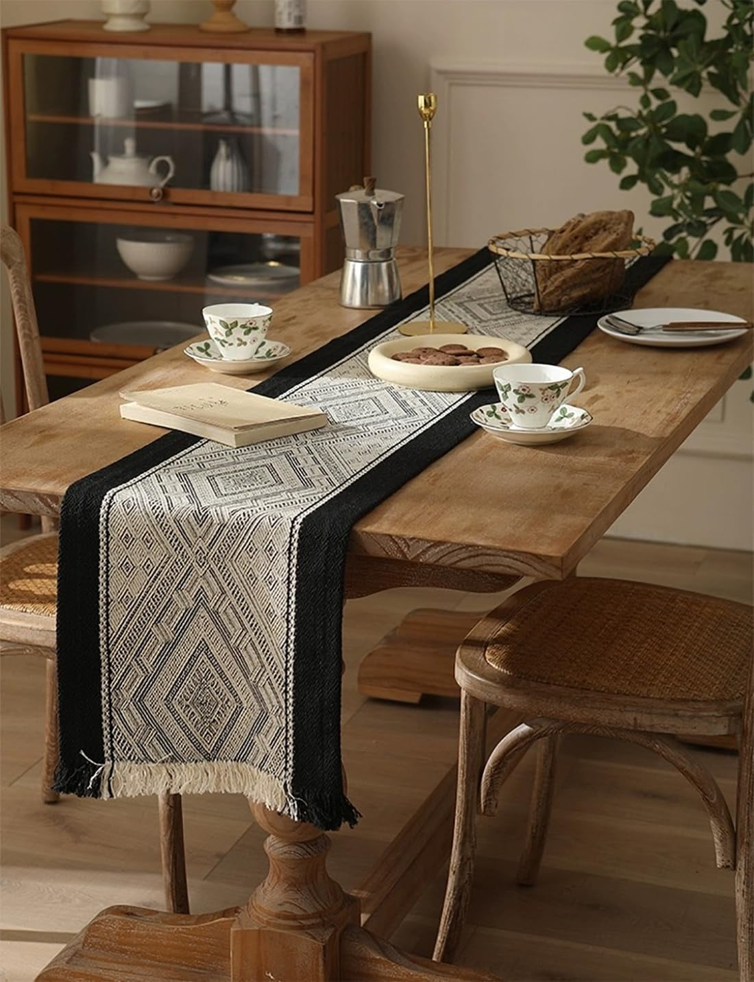 Fennco Styles Diamond Weave Fringe Cotton Blend Table Runner 14" W x 72" L Black Geometric