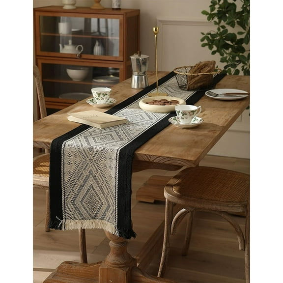 Fennco Styles Diamond Weave Fringe Cotton Blend Table Runner 14" W x 72" L - Black Geometric Rectangular Table Cover for Boho Décor, Dining Table, Banquets, Family Gatherings
