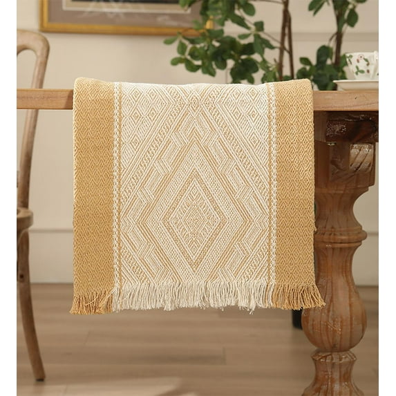 Fennco Styles Diamond Weave Fringe Cotton Blend Table Runner 14" W x 72" L - Mustard Geometric Rectangular Table Cover for Boho Décor, Dining Table, Banquets, Family Gatherings