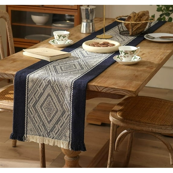 Fennco Styles Diamond Weave Fringe Cotton Blend Table Runner 14" W x 72" L - Navy Blue Geometric Rectangular Table Cover for Boho Décor, Dining Table, Banquets, Family Gatherings