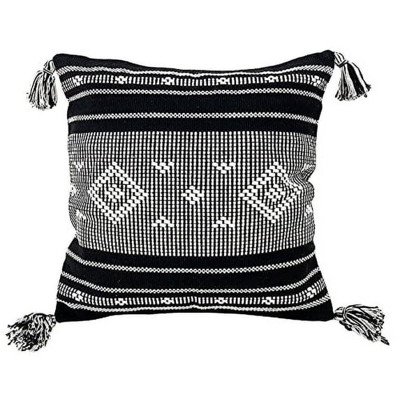 Fennco Styles Diamond Woven Cotton Decorative Throw Pillow Cover with Tassel 18" W x 18" L - Black Square Cushion Case for Home, Couch, Bedroom, Living Room and Office Décor