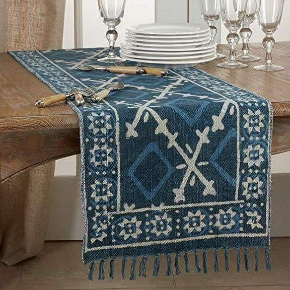 Fennco Styles Distressed Mud Cloth Tassel 100% Cotton Table Runner 16 x 72 Inch Navy Blue Table Cover for Home Dcor, Dining Table, Banquets, Holidays and Special Events