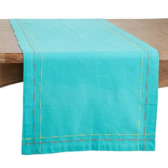 Fennco Styles Dobby Border Woven Cotton Table Runner 18" W x 72" L - Turquoise Table Cover for Dining Table Décor, Family Gathering, Banquets, and Special Events