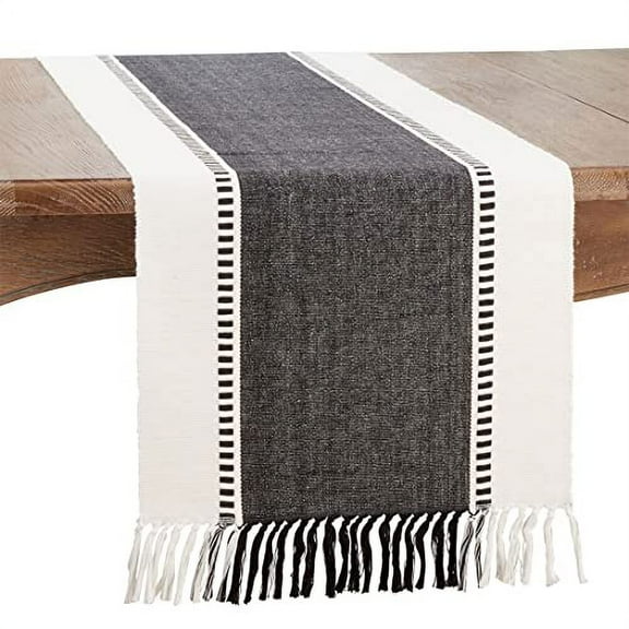 Fennco Styles Dobby Striped Cotton Textured Table Runner 16" W x 72" L - Black Knotted Tassels Table Cover for Home Décor, Dining Table, Banquet, Family Gathering and Special Occasion